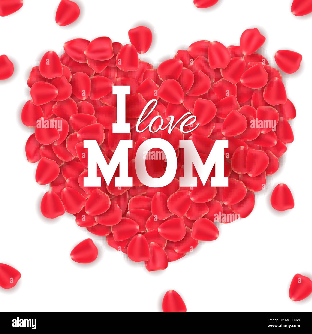 Heureuse Fête des Mères. Coeur de réaliste rouge des pétales de rose sur un fond blanc. Carte de vœux. Bannière, affiche, flyer. Couvrir pour votre conception, publicité Illustration de Vecteur