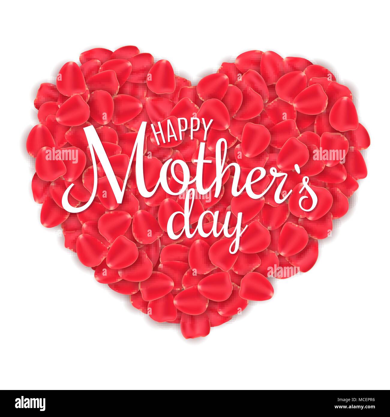 Heureuse Fête des Mères. Inscription sur un coeur de pétales de rose réaliste rouge sur un fond blanc. Carte de vœux. Bannière, affiche, flyer. Pour votre couverture de Illustration de Vecteur