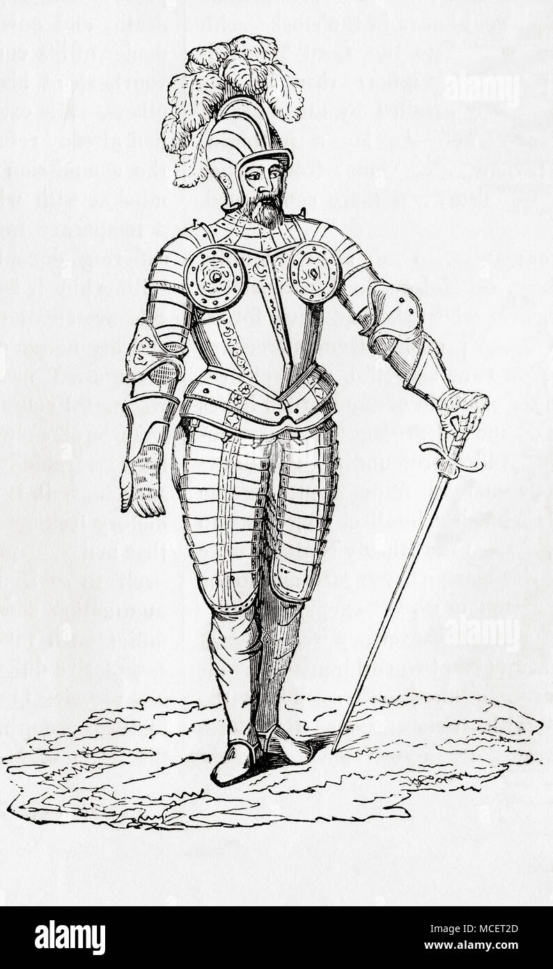 Un costume d'armure de l'Demi-Lancer à partir de l'époque d'Henry VII. La demi-lancer ou demilancer était un cavalier présent dans l'ouest de l'Europe au 16ème et début du 17e siècles. À partir de la vieille Angleterre : A Pictorial Museum, publié 1847. Banque D'Images