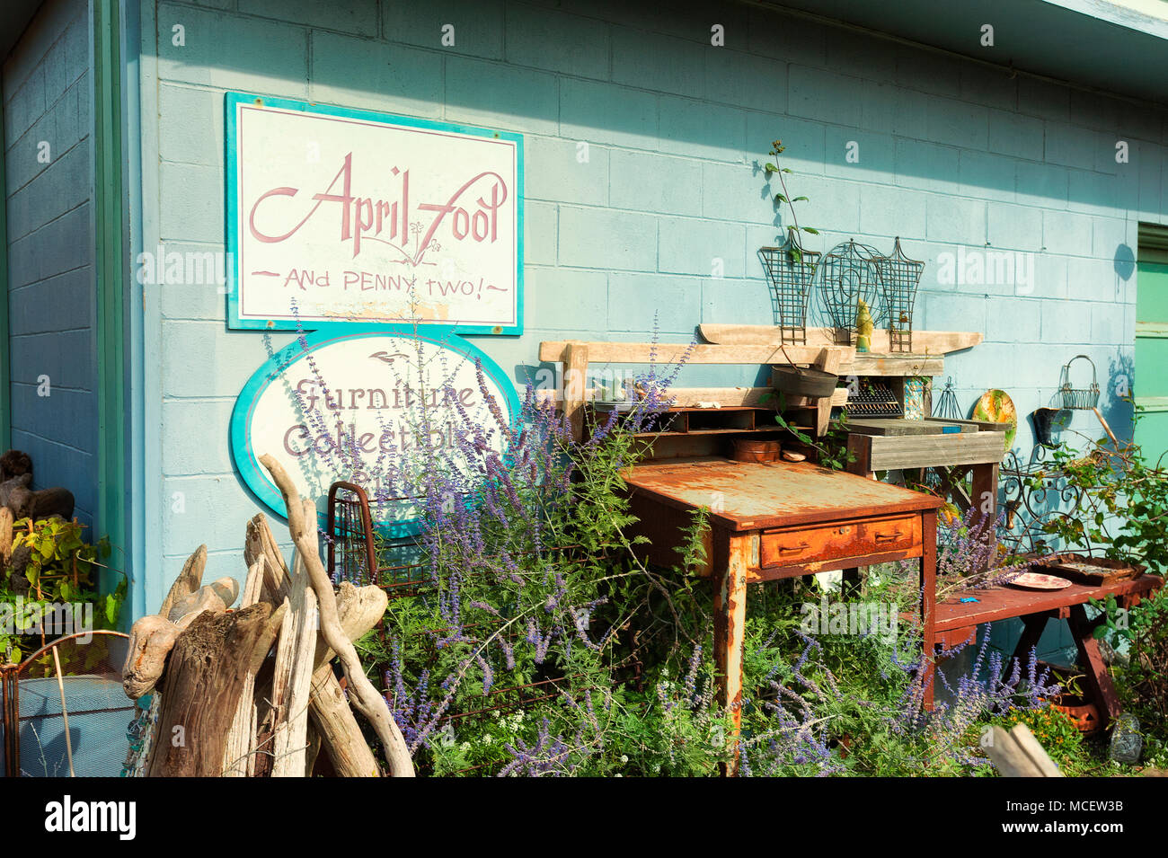 Port Townsend, Washington, USA - 20 septembre 2013 : une variété de vieux articles de seconde main se trouve à l'extérieur d'un magasin qui vend des vieux trucs à Port Townsend. Banque D'Images