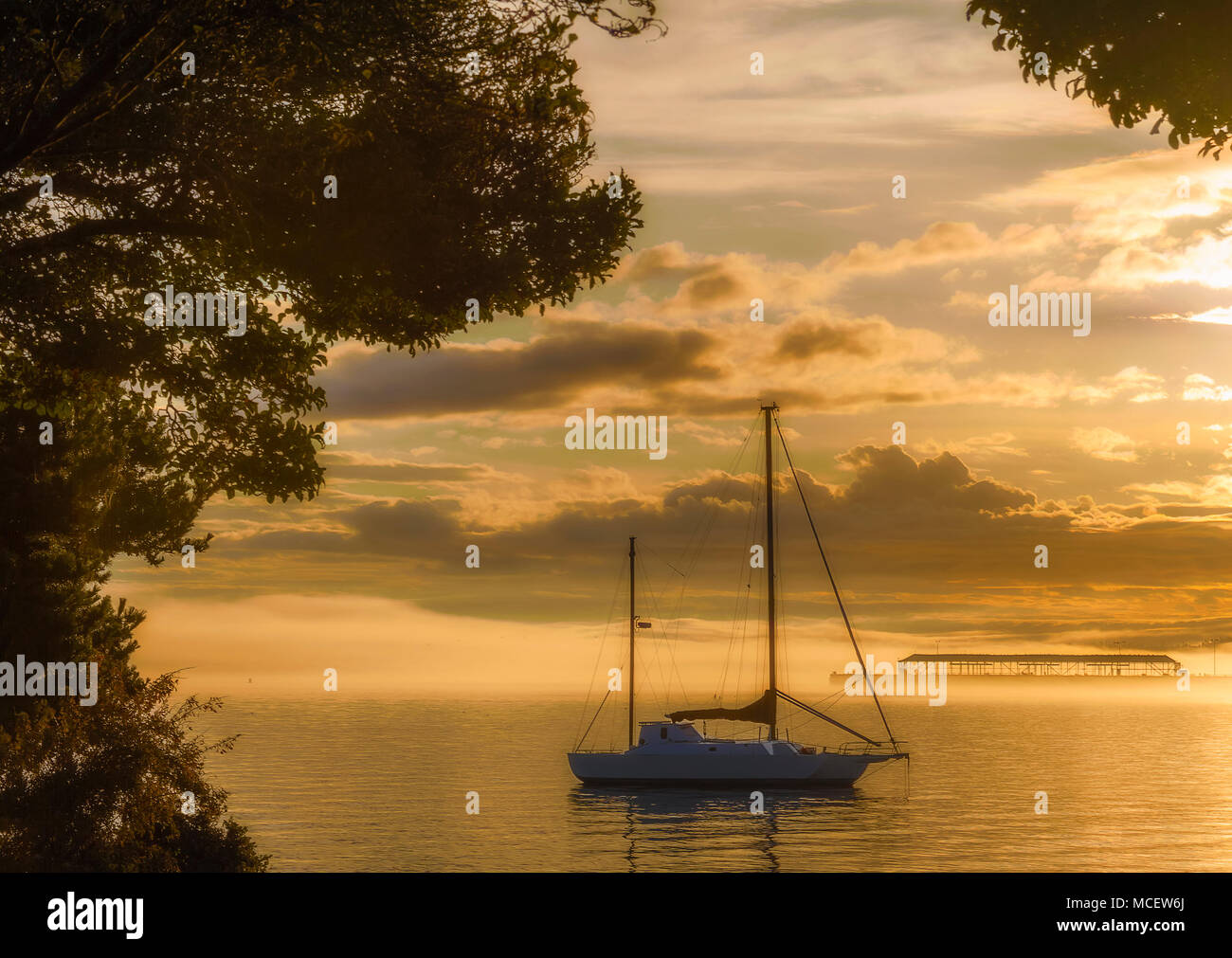 La lumière du matin l'aube améliore la silhouette d'un bateau ancré encadrée par rive bordée d'capturées avec lentille filtrée Banque D'Images