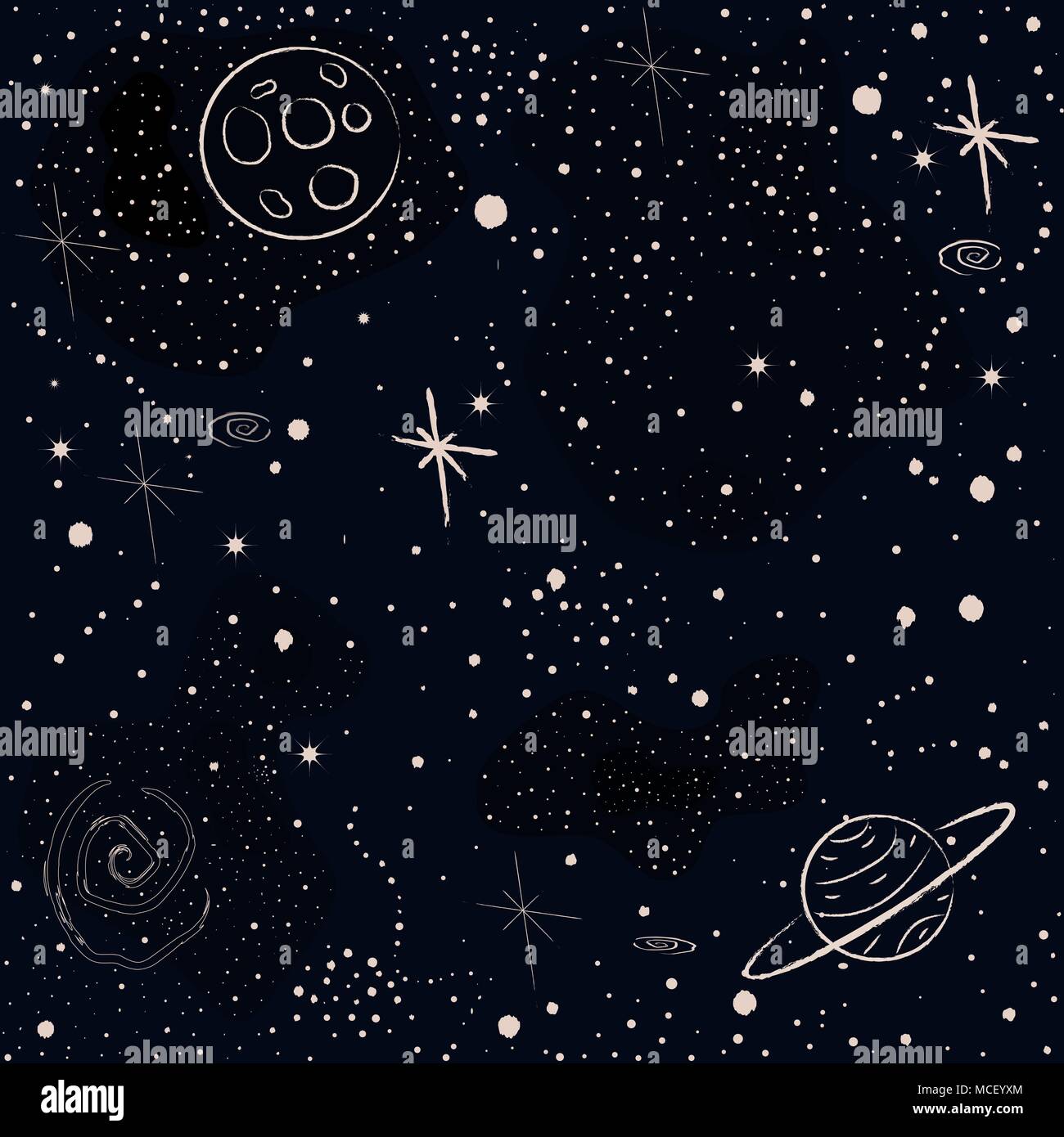 Seamless Pattern cosmique avec des étoiles, planètes, rocket, des galaxies spirales et des constellations. Avec le pinceau à la main. Vector Illustration Illustration de Vecteur