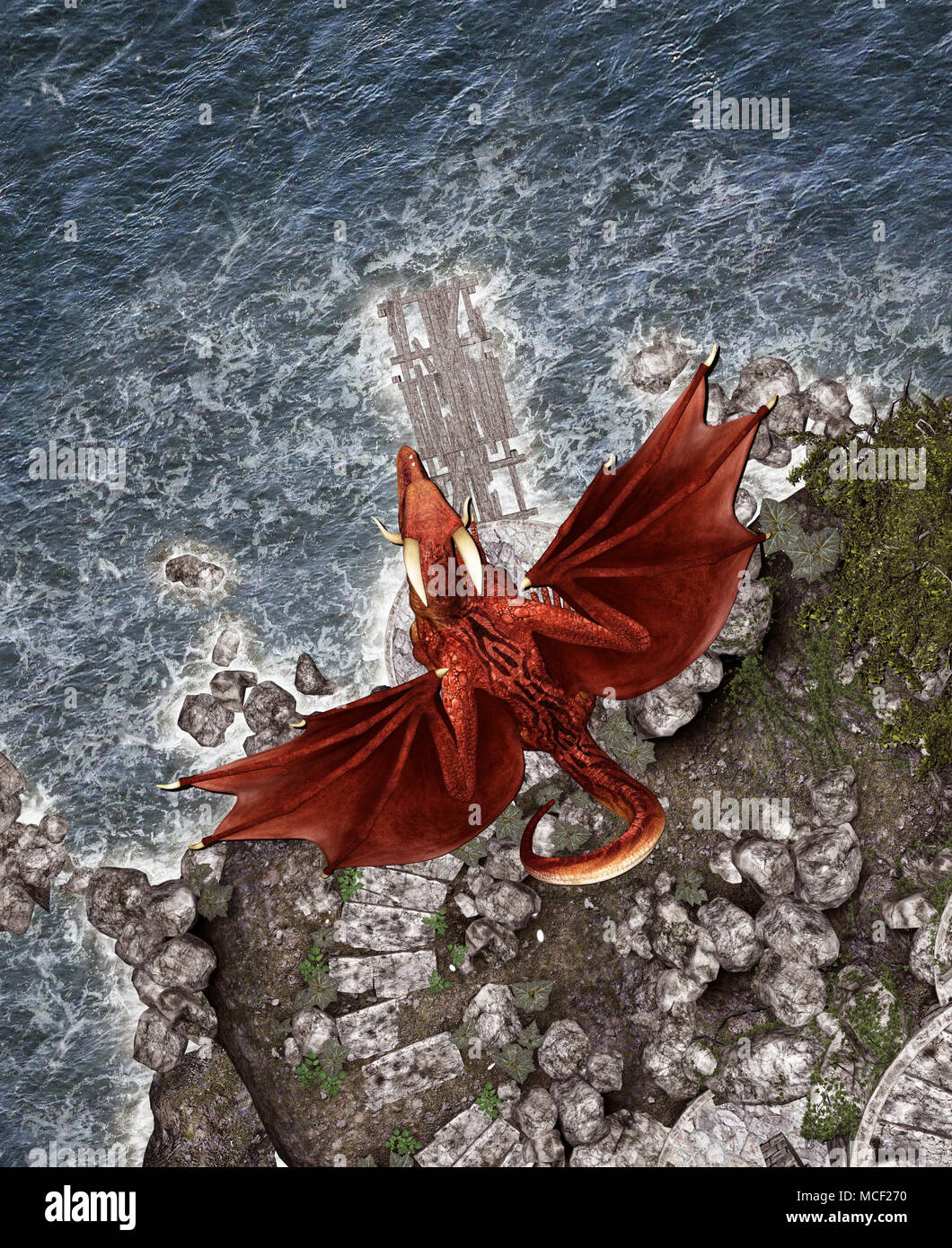 Dragon Fantasy 3d dans l'île mythique,Fantasy fairy tale de monstre de mer,3d rendering pour couverture de livre ou de l'illustration du livre Banque D'Images