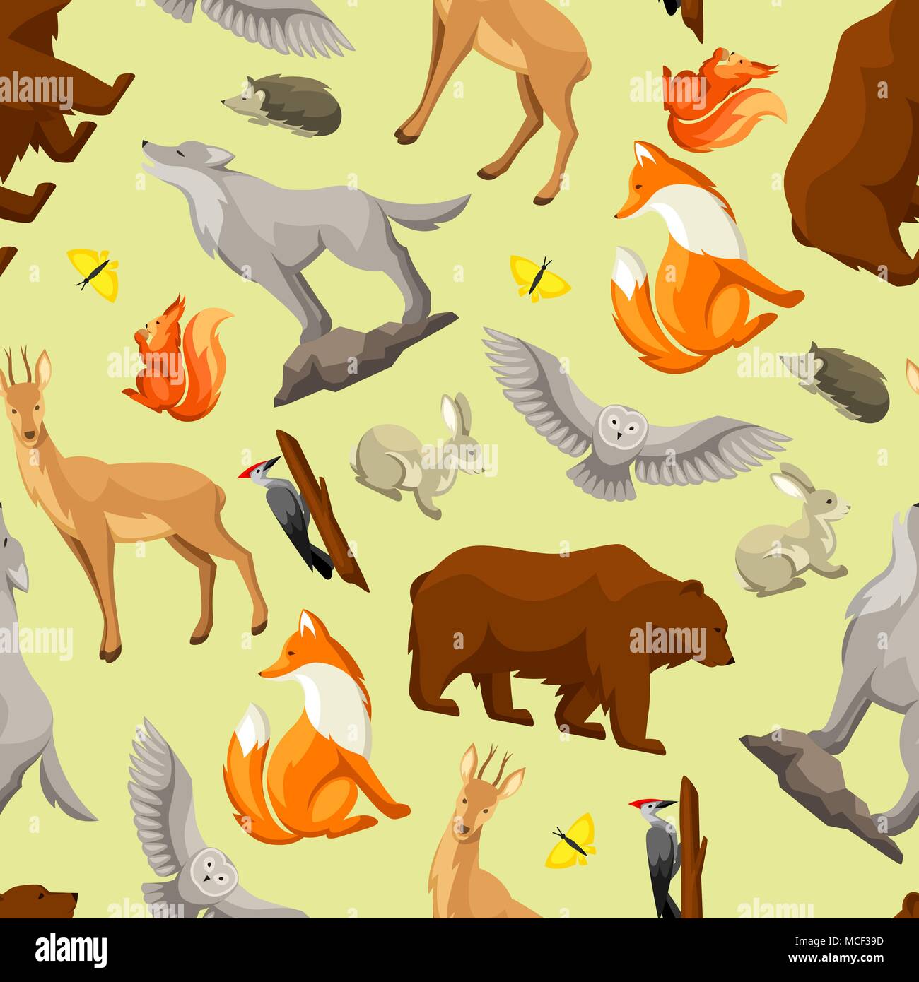 Modèle transparent avec des animaux de la forêt et des oiseaux forestiers. Illustration stylisée Illustration de Vecteur