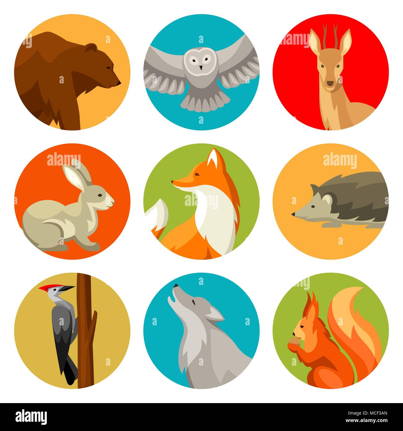 Ensemble d'animaux de la forêt et des oiseaux forestiers. Illustration stylisée Illustration de Vecteur