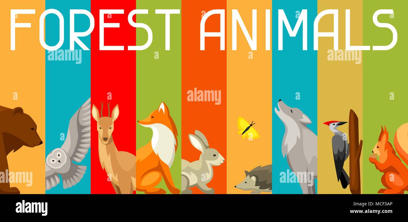 Arrière-plan avec les animaux de la forêt et des oiseaux forestiers. Illustration stylisée Illustration de Vecteur