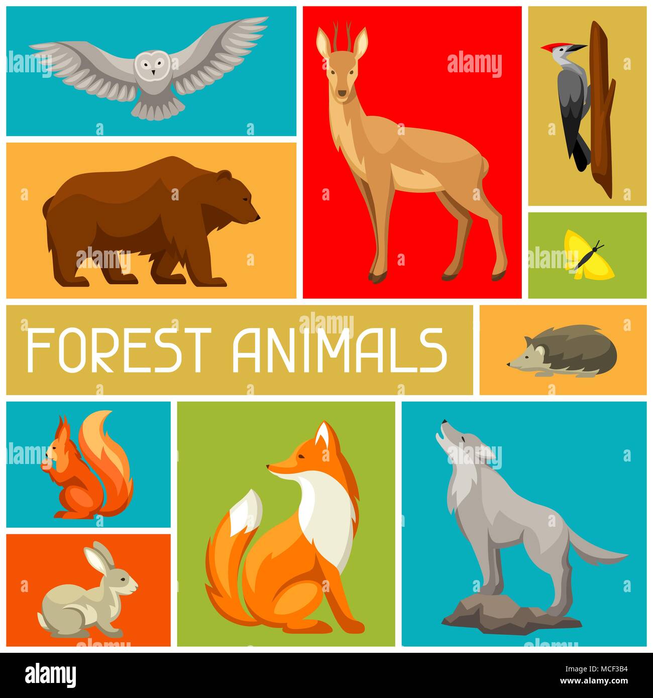 Arrière-plan avec les animaux de la forêt et des oiseaux forestiers. Illustration stylisée Illustration de Vecteur