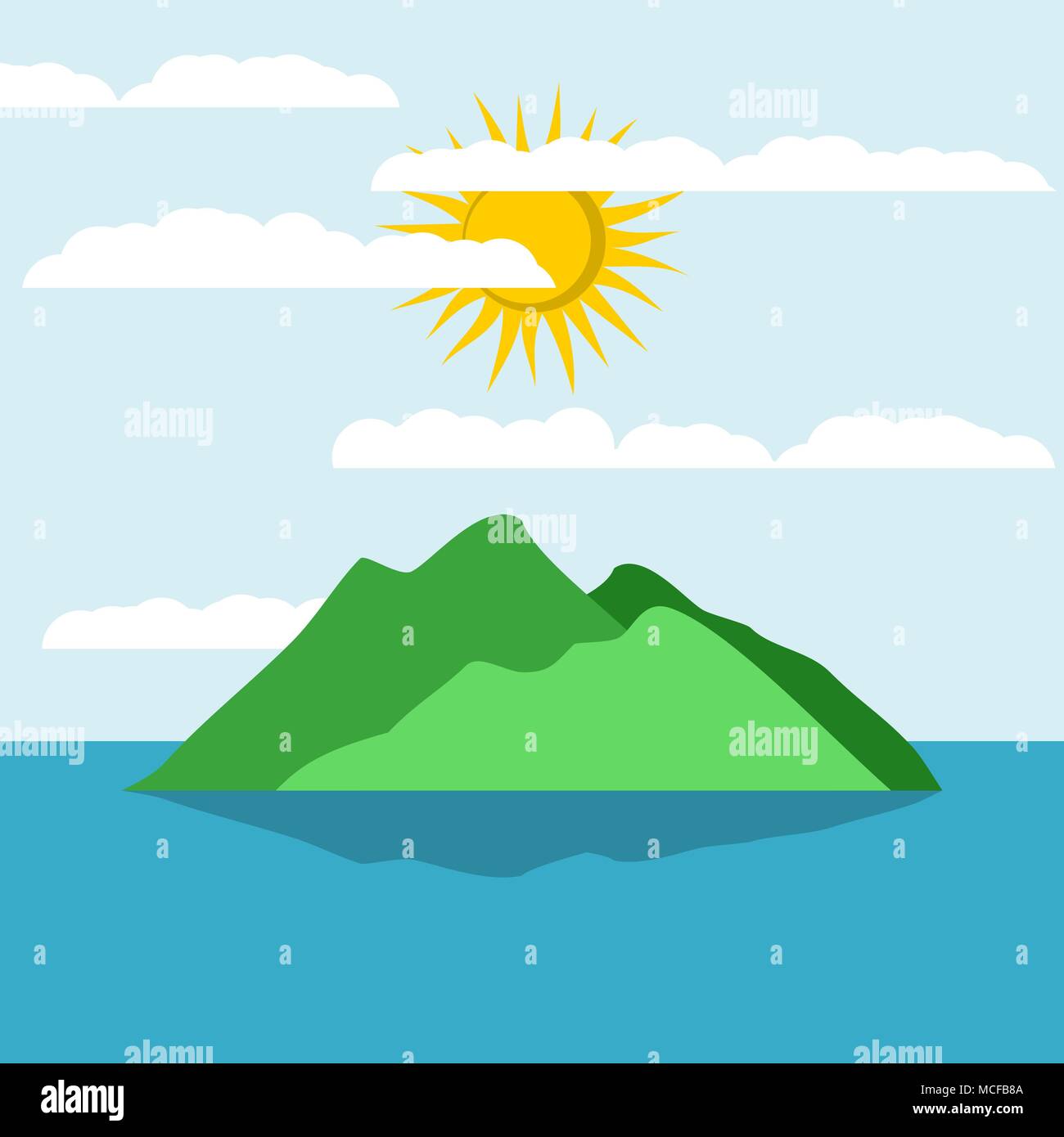 Design stylisé avec island, mer, ciel, soleil et nuages. Vector illustration. Illustration de Vecteur