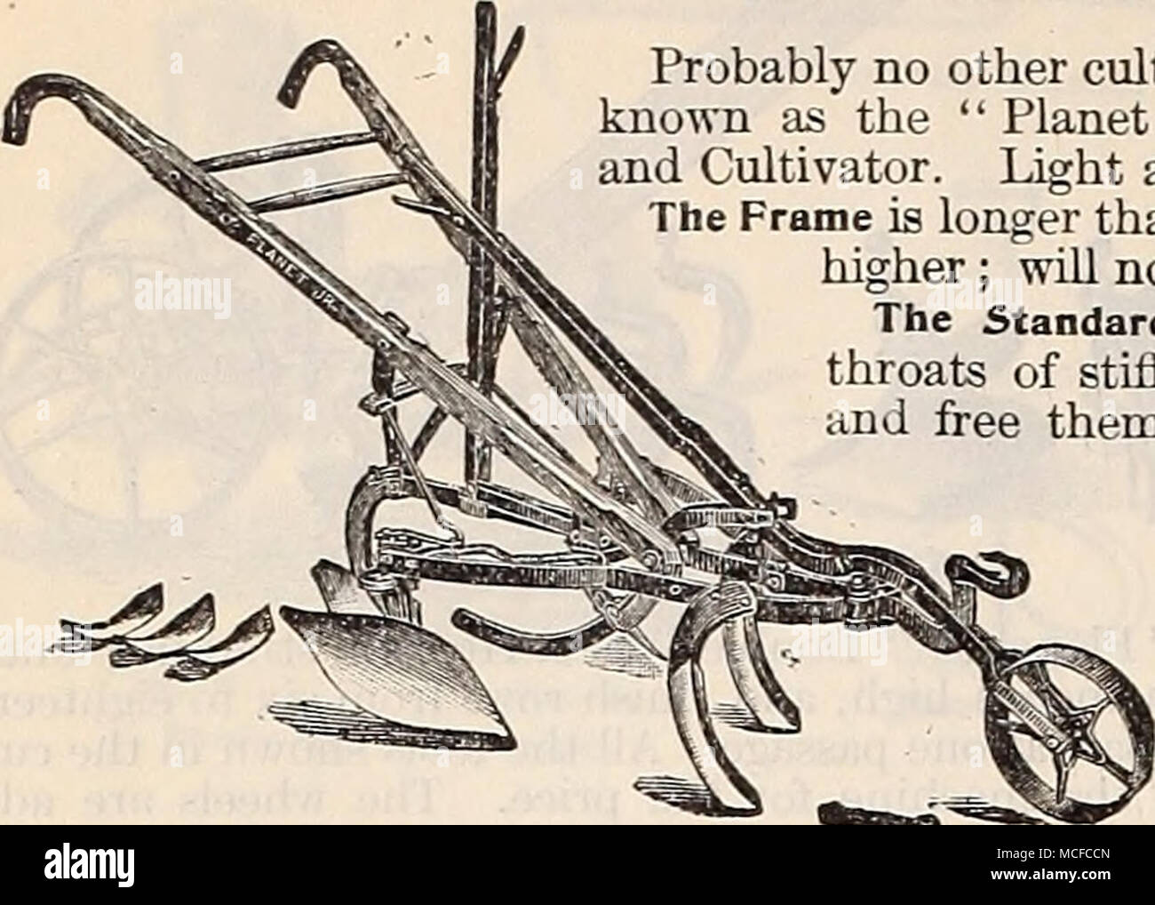 . La " Planète Jr." n° 8 l'Hoe. Probablement aucun autre cultiver la machine est si largement connu sous le nom de "Planète Jr." Cheval combiné Hoe et cultivateur. Léger et facile à manipuler. La trame est plus long que d'habitude et à propos de Li Po plus ; n'encrassera pas easdy. Les normes sont creux avec gorge ronde d'acier rigide ; ils polish rapidement et se libérer facilement d'obstruc- tions. La profondeur est sous contrôle par affec- par un nouveau levier de direction, et le nouveau régulateur de profondeur, qui sont déplacés à l'unisson instantanément par un seul levier. L'Expander. C'est tout nouveau ; une solide, simple Banque D'Images