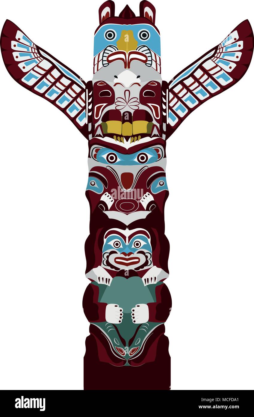 Totem indien - sculpture monumentale stylisé avec des figures d'animaux, dans le style cartoon vector illustration Illustration de Vecteur