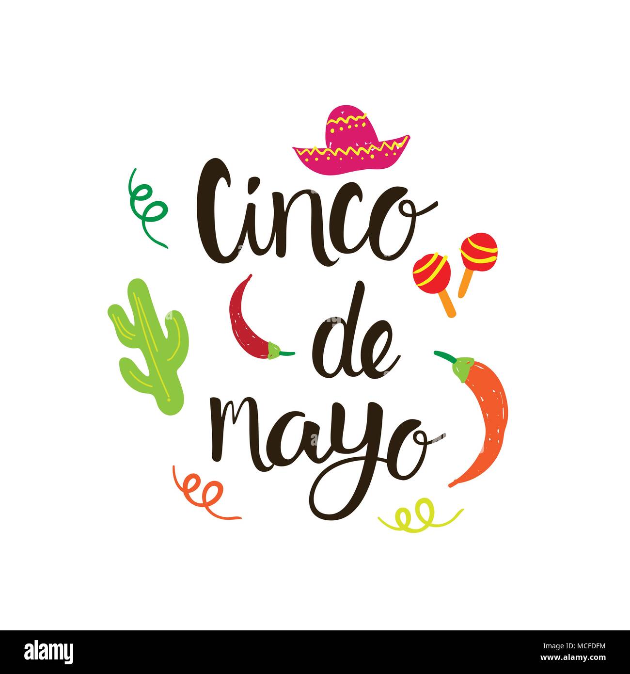 Le Cinco de Mayo Mexican Holiday Greeting Card Hand Drawn Vector Illustration fond lettrage Illustration de Vecteur