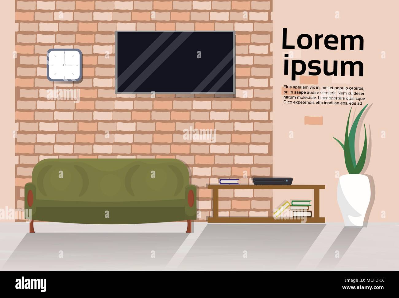 Loft moderne de l'intérieur Salon avec canapé, téléviseur sur le mur au-dessus de fond avec copie Espace Vector Illustration Illustration de Vecteur