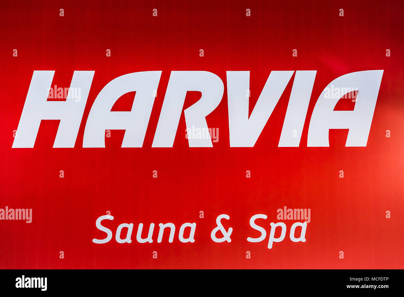 Logo Société Harvia signe imprimé sur la bannière. Harvia est un appareil de chauffage et d'un sauna finlandais interiors fabricant. Banque D'Images