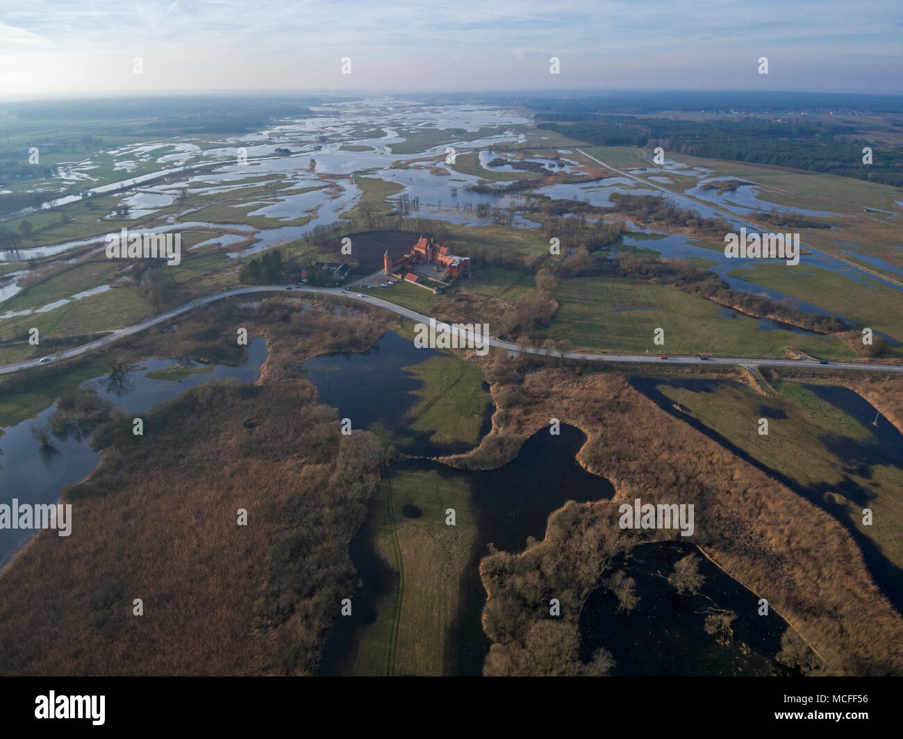 Vue aérienne de la rivière Narew et ses marais près de Tykocin, Pologne Banque D'Images