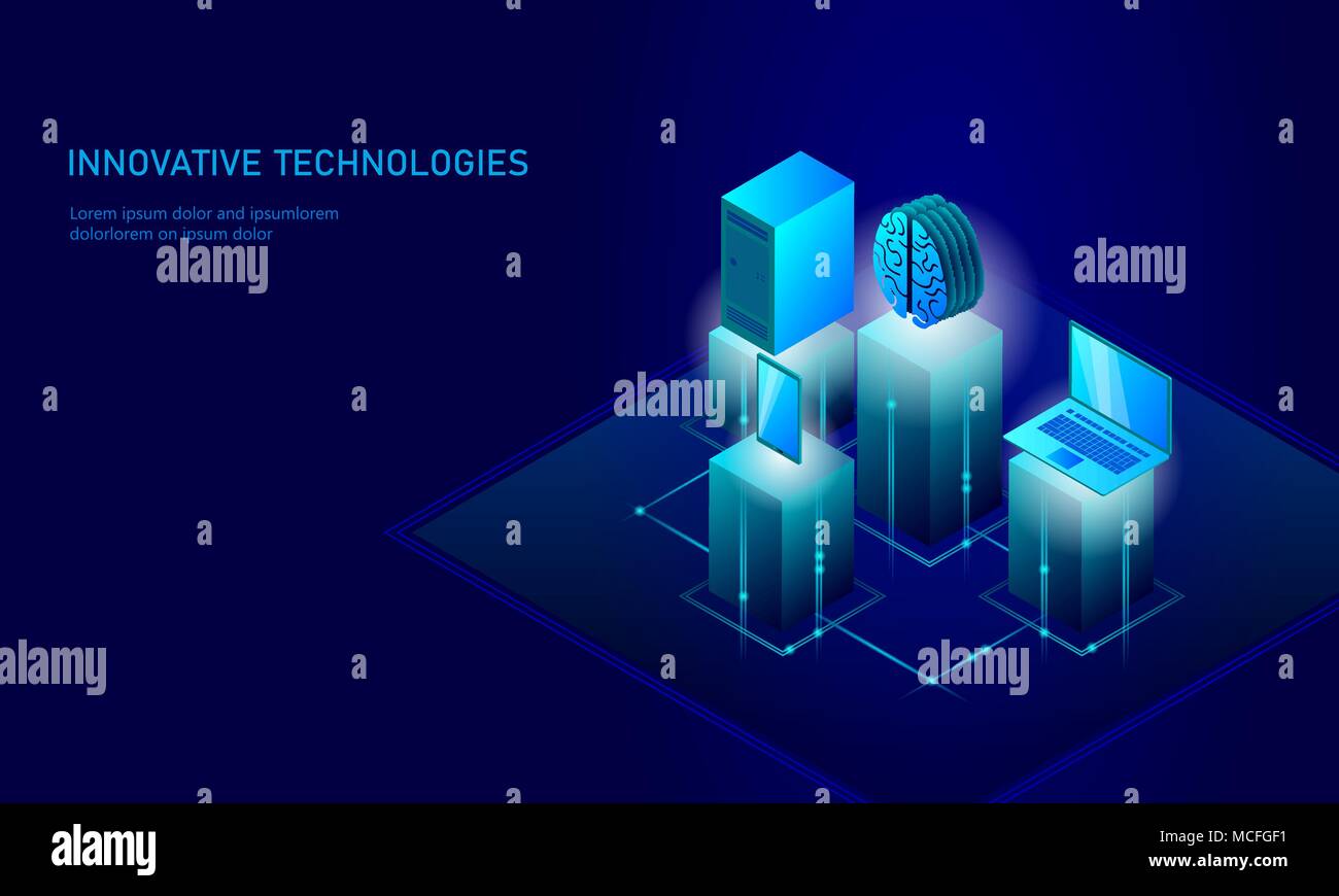 L'intelligence artificielle isométrique concept d'entreprise. Rougeoyant bleu connexion de données d'information personnelle isométrique smartphone pc technologie de l'avenir du cerveau humain. Vector illustration infographie 3D Illustration de Vecteur
