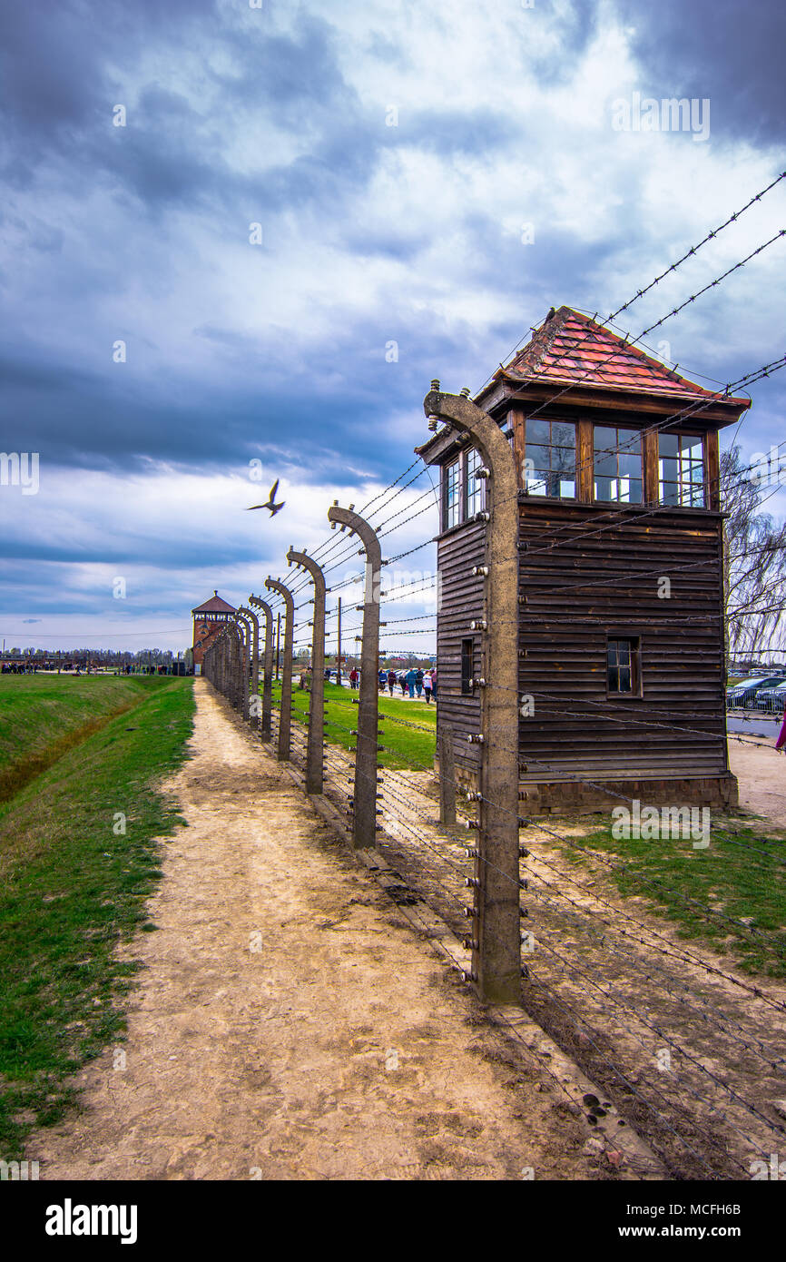 Les barbelés électriques de l'allemand nazi de concentration et d'extermination d'Auschwitz Birkenau camp world heritage, Pologne Banque D'Images