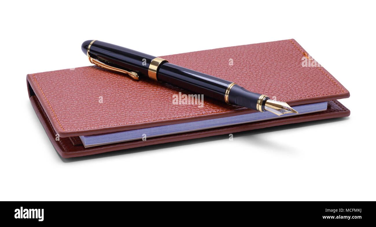 Chéquier en cuir et un stylo isolé sur un fond blanc. Banque D'Images
