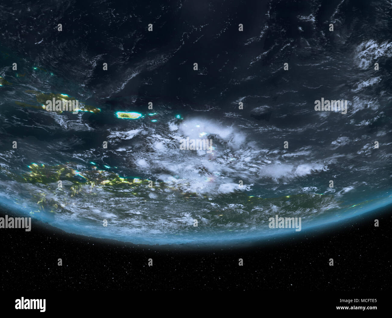 Caraïbes la nuit surligné en rouge sur la planète Terre avec des nuages. 3D illustration. Éléments de cette image fournie par la NASA. Banque D'Images
