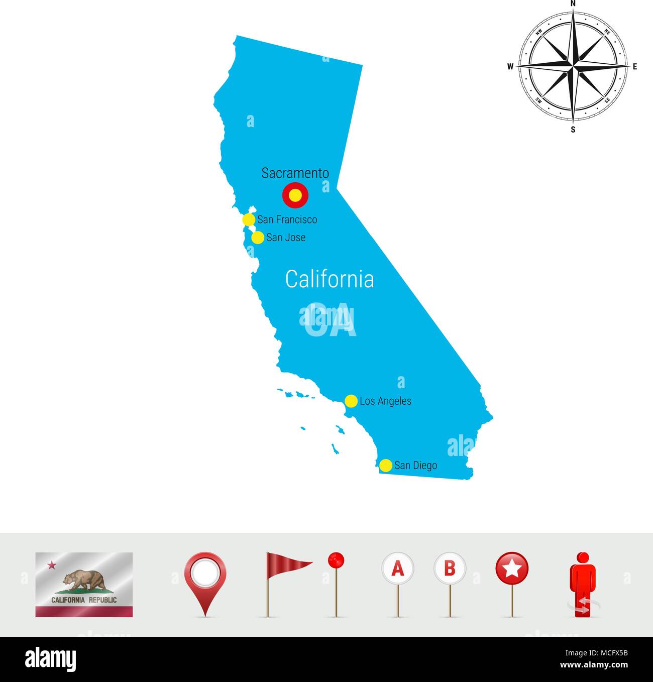 Californie Carte vectorielle isolé sur fond blanc. Silhouette détaillées de l'État de Californie. Drapeau du vecteur de Californie. Les marqueurs de carte 3D ou les pointeurs, Na Illustration de Vecteur