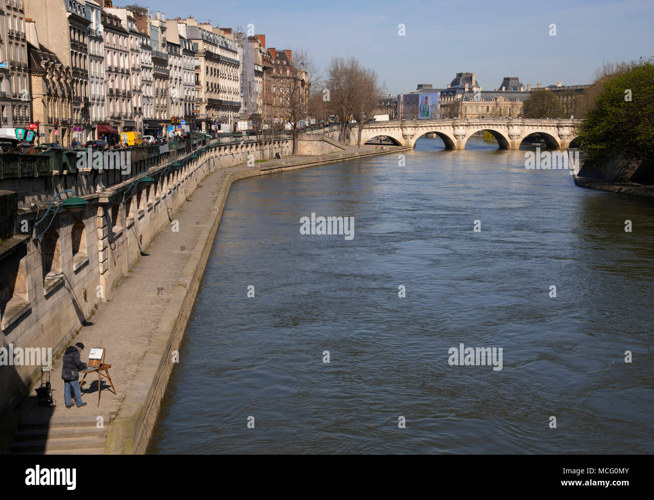 Peinture d'un artiste d'une vue sur le Pont Neuf sur la Seine. Paris, France, Europe Banque D'Images