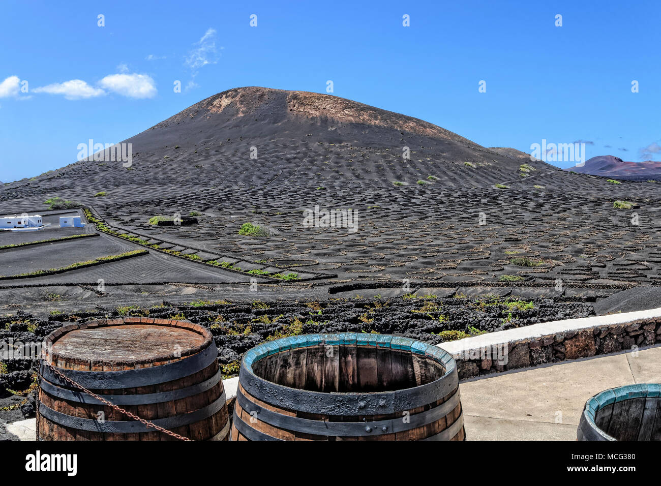 Lanzarote - Wine region La Geria avec le feu des montagnes et des tonneaux de vin Banque D'Images