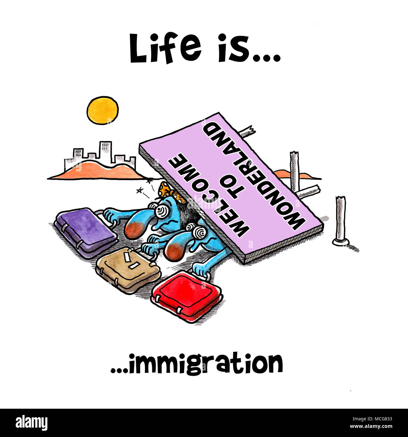 Grand panneau de bienvenue est tombé sur le dessus d'immigrants Banque D'Images