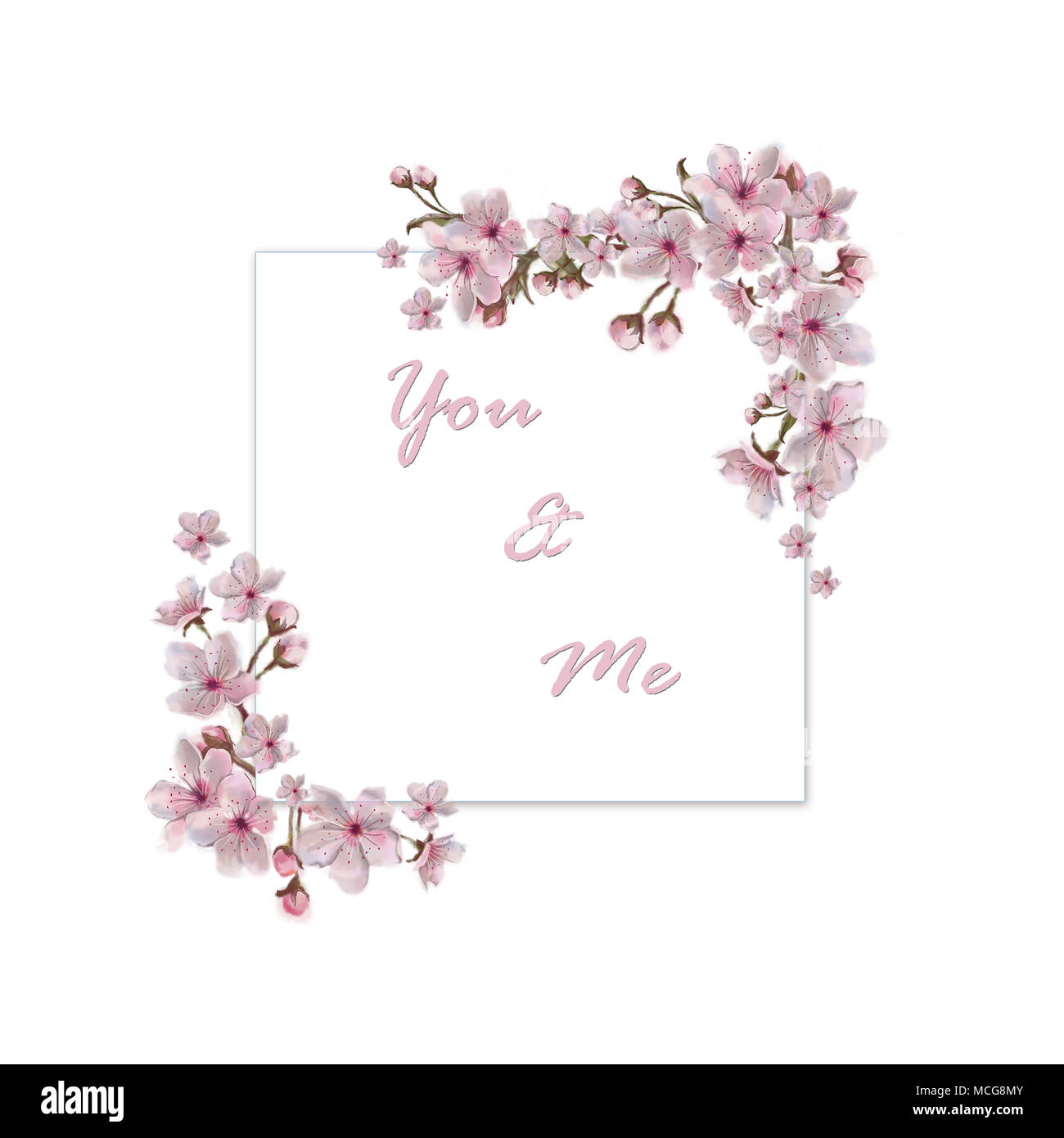 Pink Floral guirlandes sur modèle carré pour le texte. Décorées avec armature carrée fleurs de printemps. Aquarelle botanique peint à la main . Banque D'Images