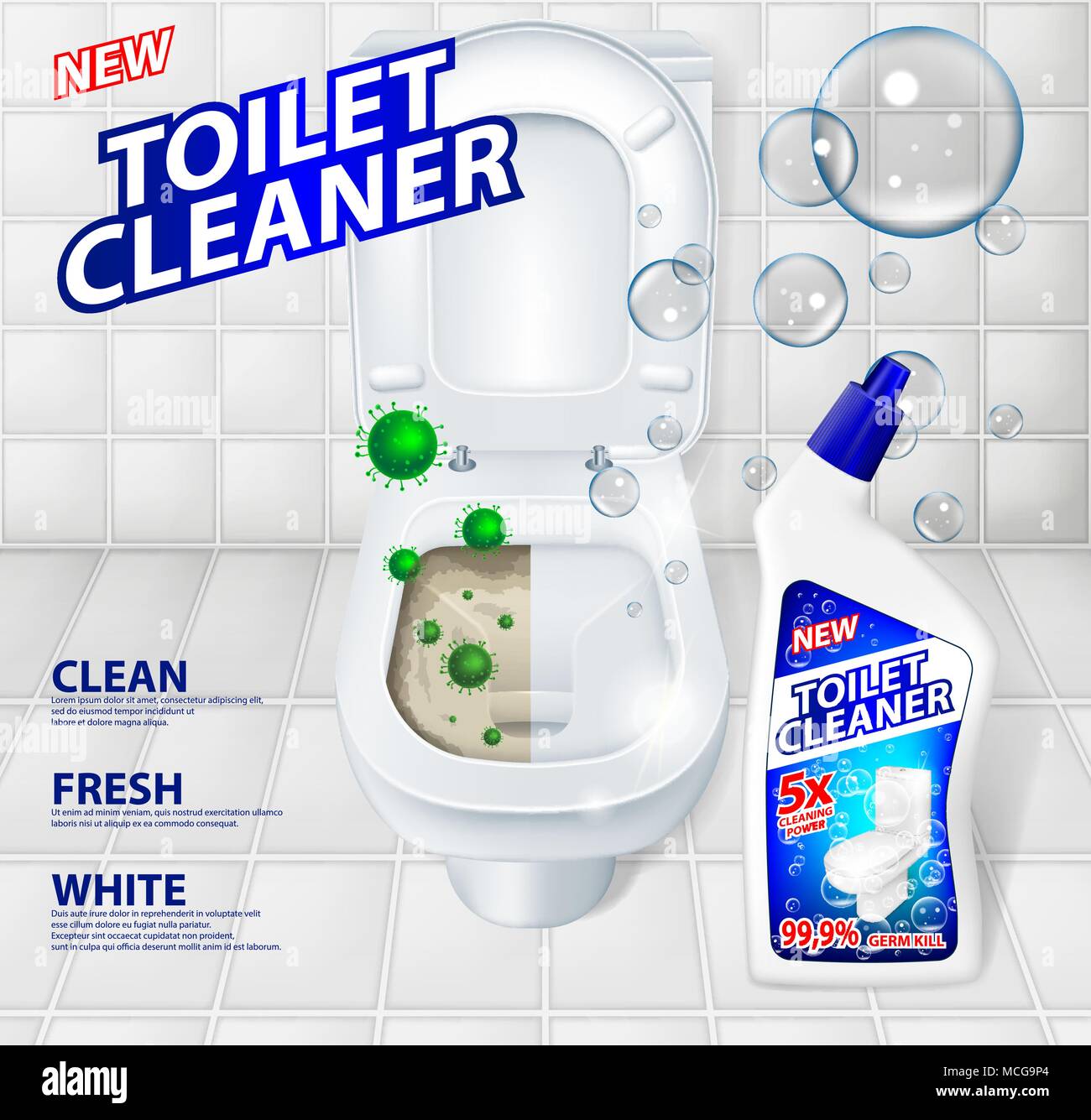 Nettoyant wc la bannière ADS, effet de cleaner avant et après. Virus vert brillant s'échappant de la cuvette des toilettes. Bouteille de détergent toilettes gel dans une maquette. 3 Illustration de Vecteur