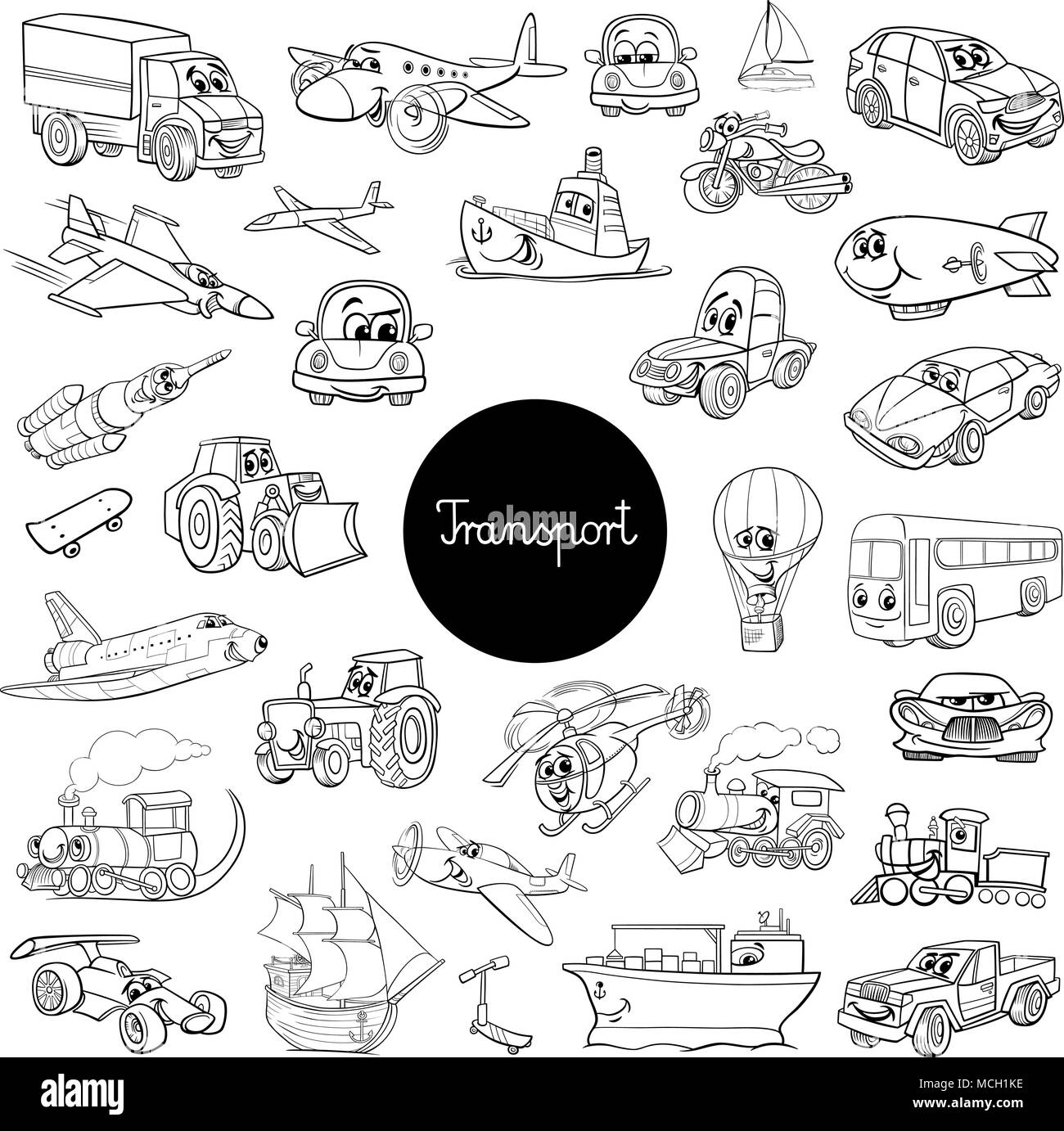 Cartoon noir et blanc Illustration de caractères énorme ensemble de véhicules de transport Illustration de Vecteur