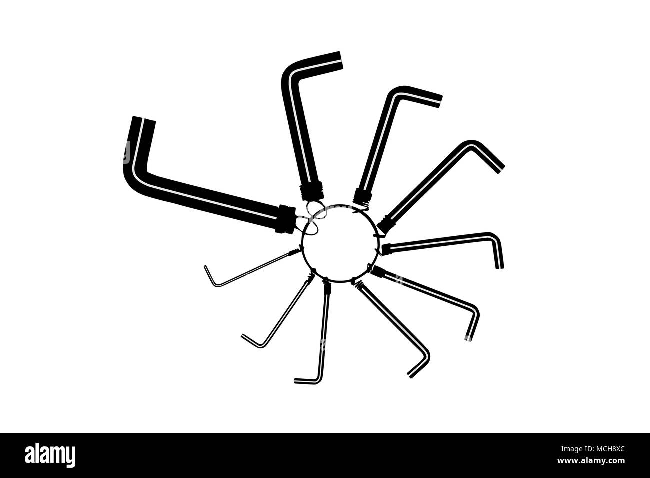 Image vectorielle d'un ensemble de clés clé allen de différentes tailles. Silhouettes noires de clés Allen Banque D'Images