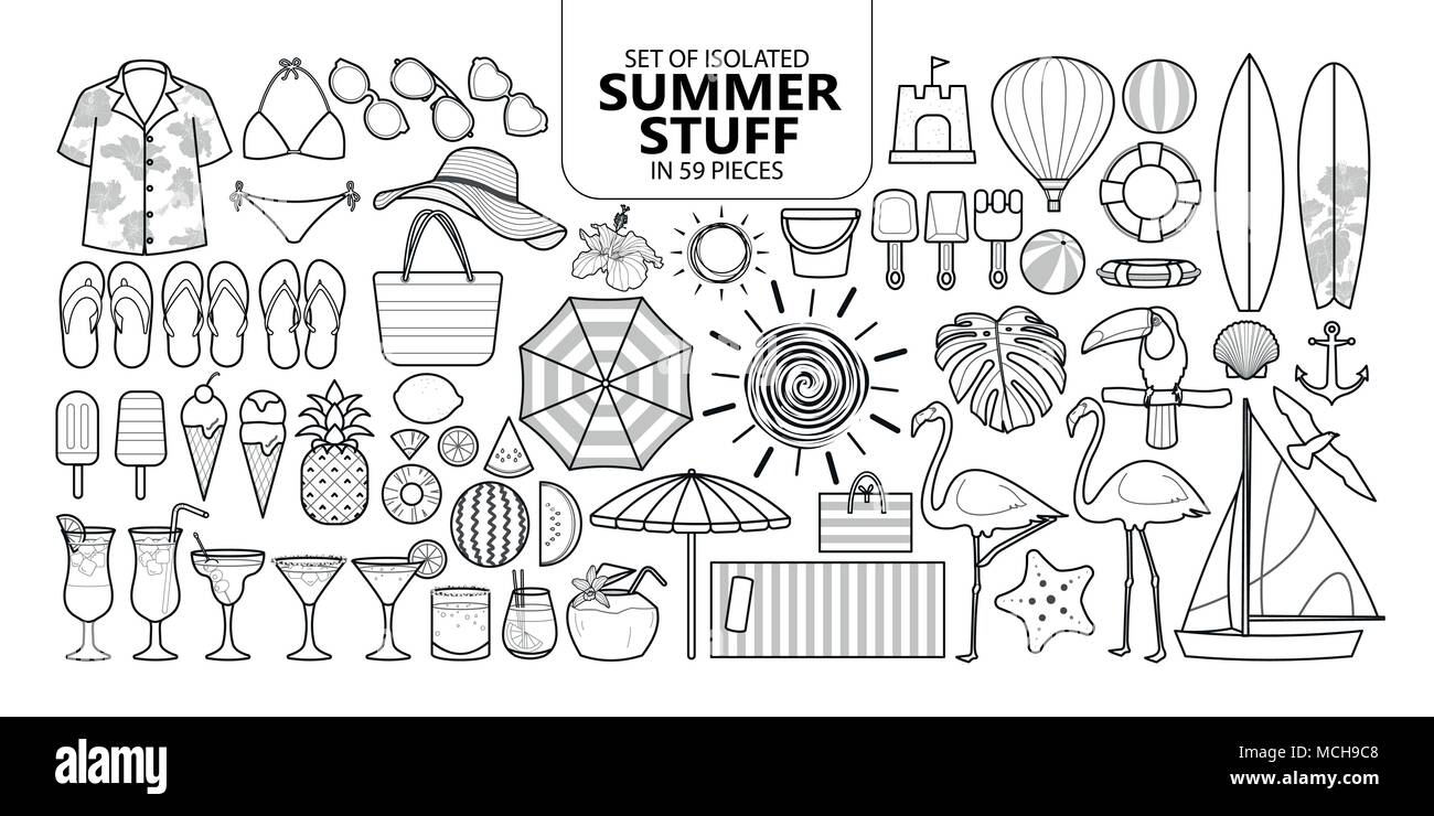 Ensemble d'été isolés à 59 pièces. Éléments d'illustration vectorielle mignon pour vacances à contour noir et blanc avion sur fond blanc. Illustration de Vecteur