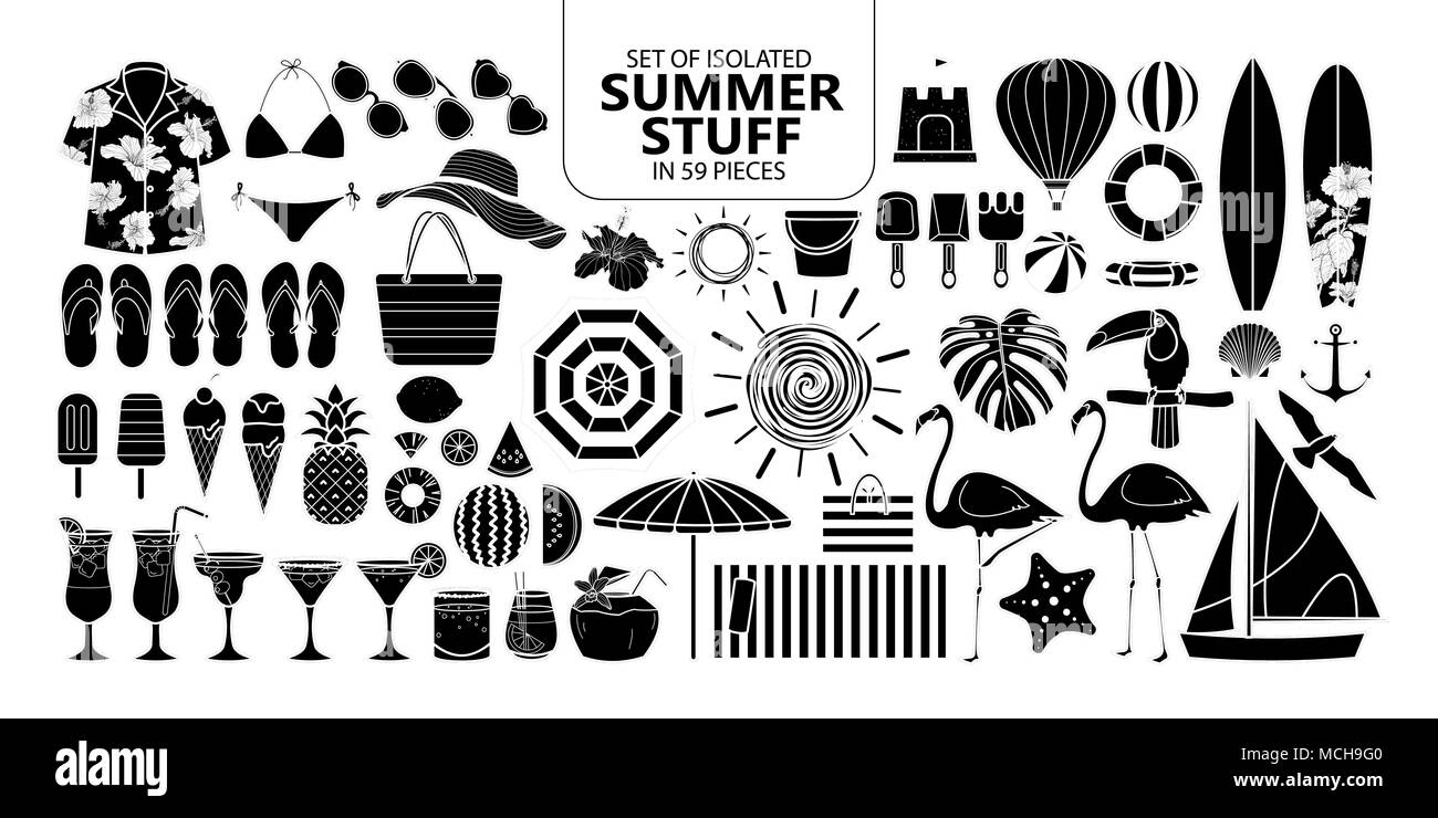 Ensemble d'été en substance isolée ossature 59 pièces. Éléments d'illustration vectorielle mignon pour vacances à contour blanc et noir sur noir avion backgrou Illustration de Vecteur