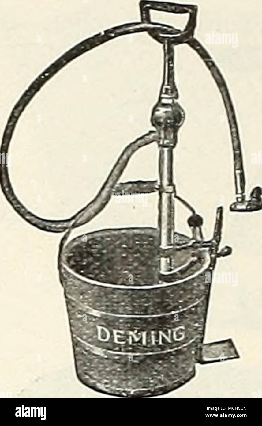 . Pompes de pulvérisation du godet. L'ing- dem "parfaite réussite." au groupe de pièces sont en laiton, à l'exception de la poignée et repose pieds. Équipé d'un seau en fer malléable, collier de quatre pieds de tuyau et d'un Bordeaux 900 $ buse Deming's "prix", avec l'injecteur et de 3 pieds de tuyau 650 seaux ne sont pas fournis avec l'un ou l'autre pompe. La réussite parfaite de la pompe du godet pulvérisateurs à main. Atomiseurs, bien fait d'étain, lourds et à simple effet jette une fine pulvérisation misty, étain, 1 pinte, 40 cts. ; 1 quart 50 Atomiseur continu ou pulvérisateur. Conçus de manière que la pression générée sur le tracé vers le bas oi le plongeur produit un co Banque D'Images