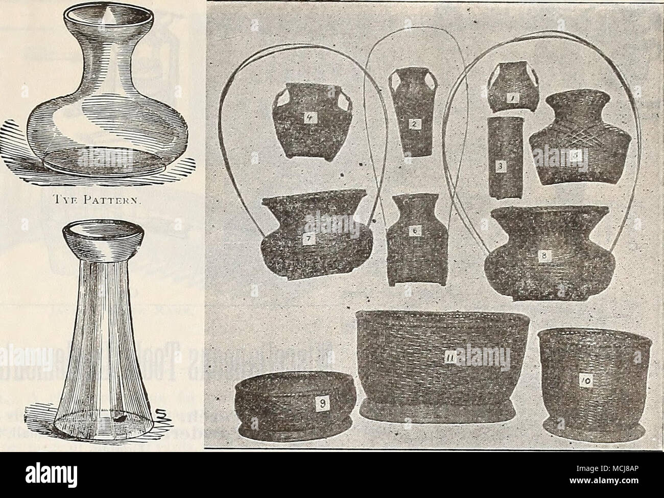 . Grand, ou belge. Bols en verre Lily. Belle imitation verre taillé. 6 in. de tenir 1 ampoule, 20 cts. chaque. 7. pour " 2 " 25 cts. " ! 8 in. à " 3 " 30 cts. " Lily bols, 5 cts. par qt. Bambou japonais japonais paniers de fleurs paniers de fleurs. Ces sont merveilleusement réalisés dans des conceptions complexes de bambou acajou foncé tachés, et sont ce qui est utilisé par les artistes japonais à organiser les fleurs coupées. Fourni avec des tubes de bambou pour retenir l'eau. (Voir coupes.) n° 1, 50 cts. ; No 2, 1,25 ; n° 3, paragraphe 1.00 ; n° 4, 1,25 ; n° 5, 1,50 $ ; No 6, 1,50 $ ; n° 7, 2 $ ; n° 8, 2,50 $. N° 9- droit sui Banque D'Images