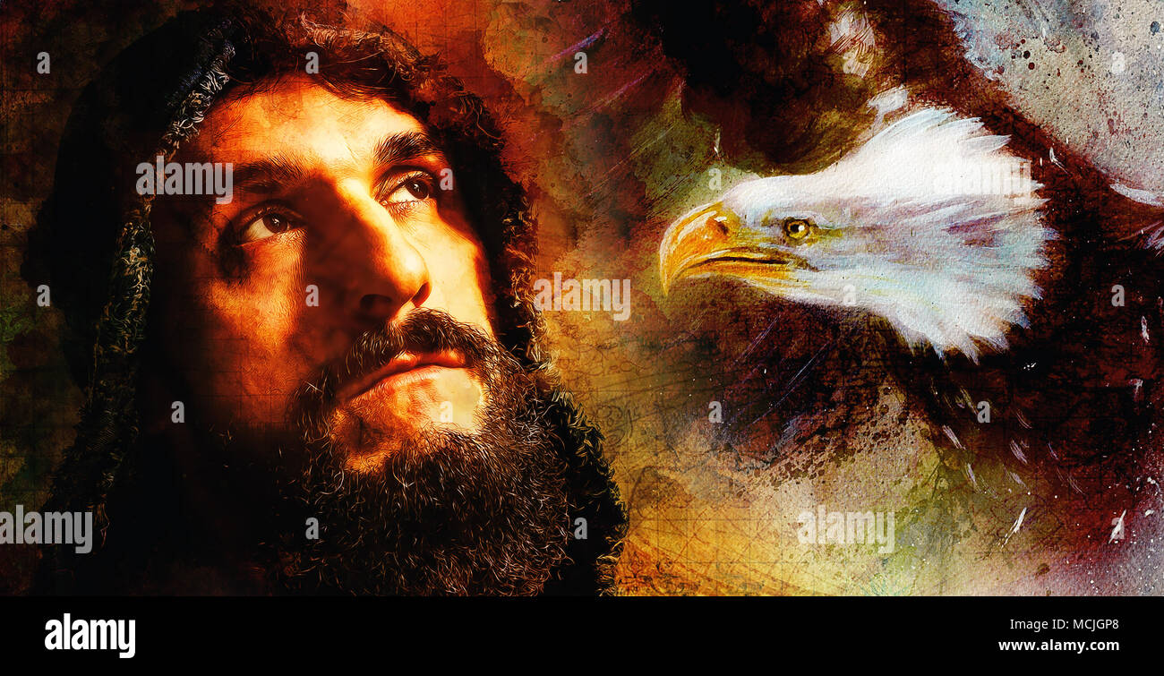 Beau guerrier avec eagle pense à sa prochaine aventure, aquarelle abstraite- fond style. Banque D'Images