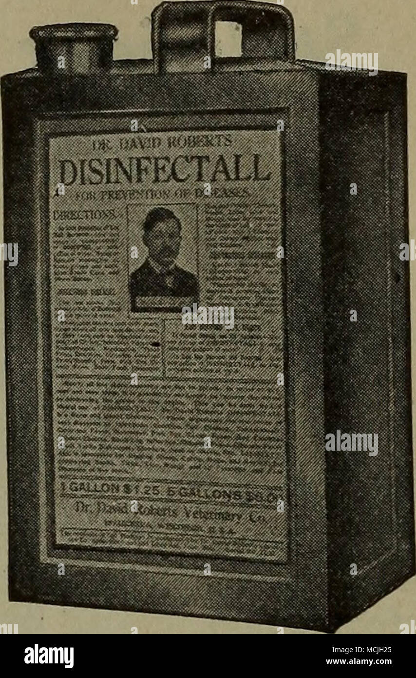 . 5 gallons $5.00 presque tous les cours de maladies sont dues à des germes, et afin de prévenir et de les guérir, il est absolument nécessaire d'éliminer la cause, en détruisant les germes dans les écuries. Cela peut être fait par l'utilisation libérale de Disinfectall. Le Dr David Roberts* Disinfectall est un germe et l'insecte destructeur, et que ces organismes sont la cause de ces maladies infectieuses comme l'avortement, le choléra, Tuber- veau x;ulosis Texas, la fièvre, le choléra du porc, du poulet, de l'Anthrax, le choléra, la fièvre catarrhale dis- tempérer, l'oeil rose, jambe noire, la grippe, la Fièvre La fièvre des transports, climatiques, Stock Yards de carré, la morve, Sc Banque D'Images