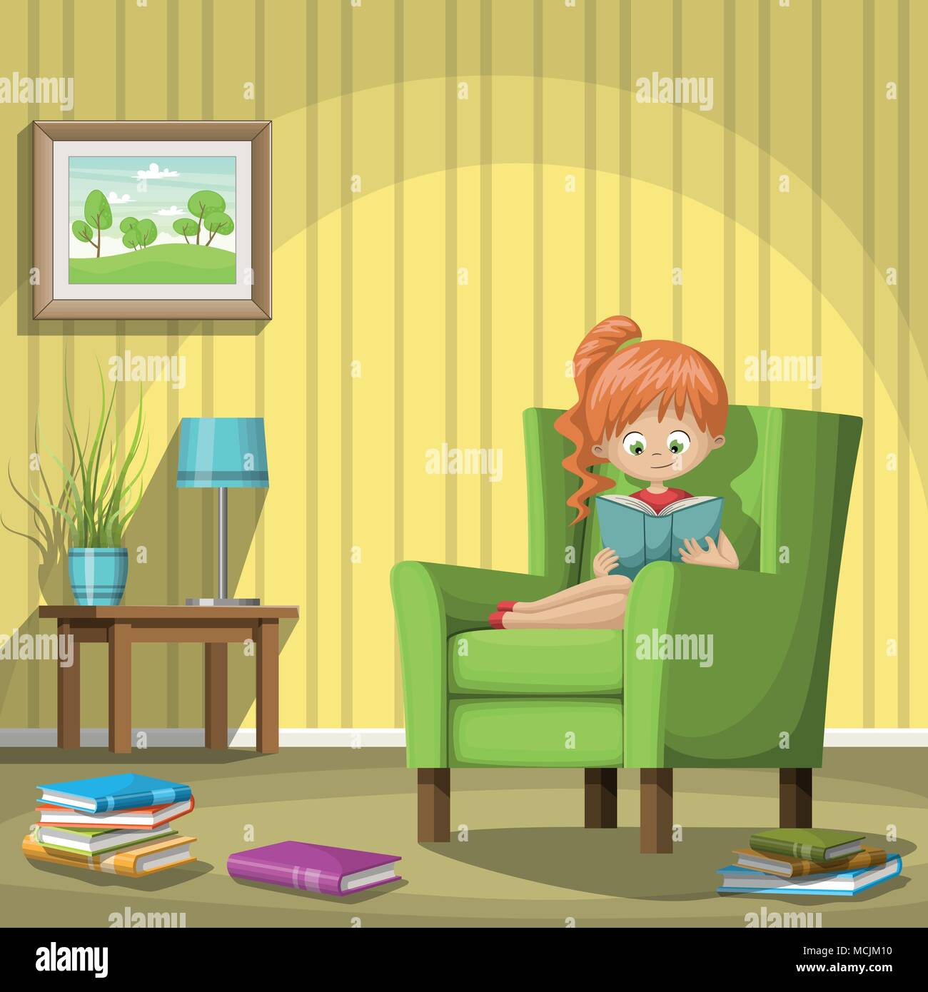 Jeune fille lisant des livres dans la salle de séjour, vector illustration Illustration de Vecteur