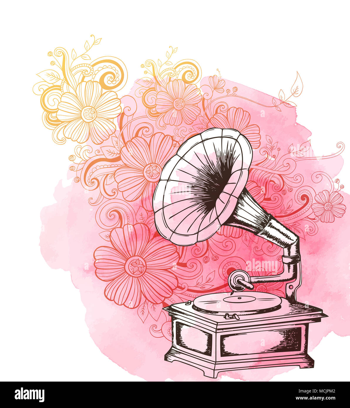 Résumé Contexte La musique avec vintage gramophone, fleurs et le rose aquarelle texture. Illustration à la main Banque D'Images