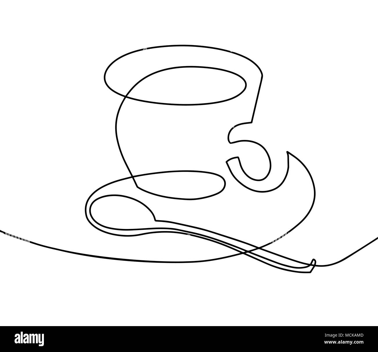 Dessin d'une ligne continue - une tasse de café avec une cuillère à café dans un style minimaliste moderne, vector illustration Illustration de Vecteur