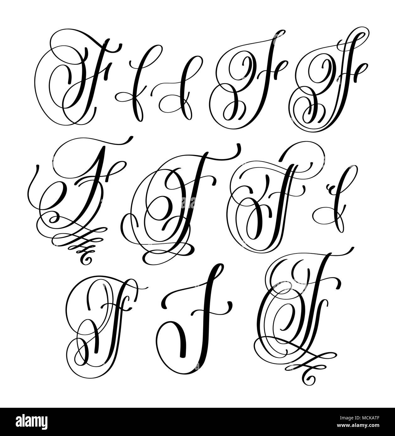 Lettrage calligraphie script F définie, la signature manuscrite lettre design, illustration vectorielle Illustration de Vecteur