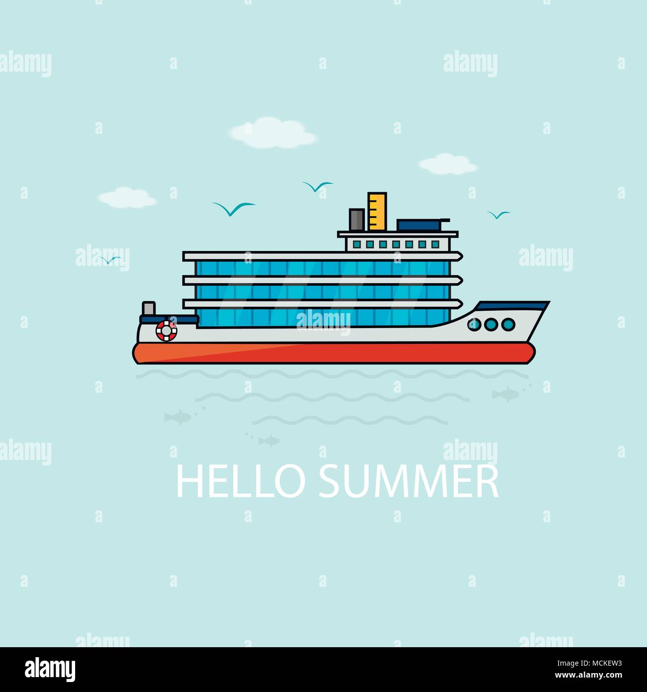 Bannière, poster, carte avec texte Hello Summer et véhicules nautiques : voile, bateau, bateau. Icône vecteur isolé sur fond bleu. Illustration de Vecteur