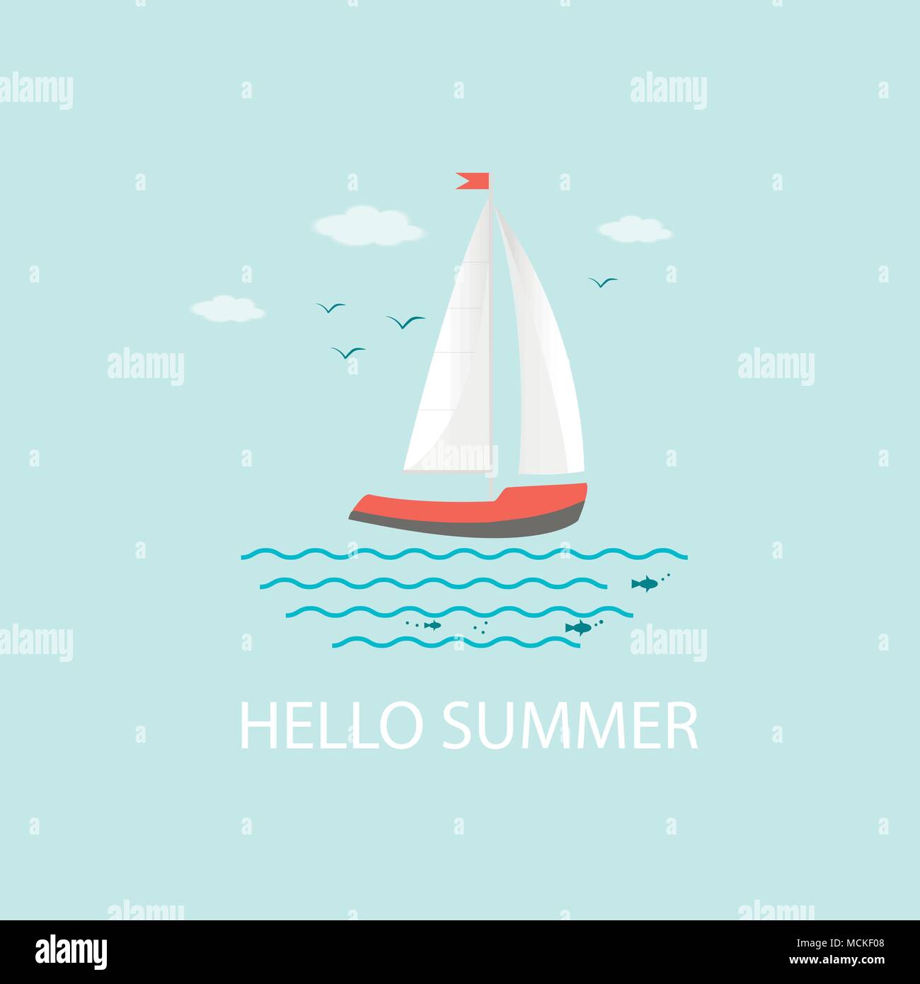 Bannière, poster, carte avec texte Hello Summer et véhicules nautiques : voile, bateau, bateau, yacht de luxe, hors-bord. Icône vecteur isolé sur ba bleu Illustration de Vecteur