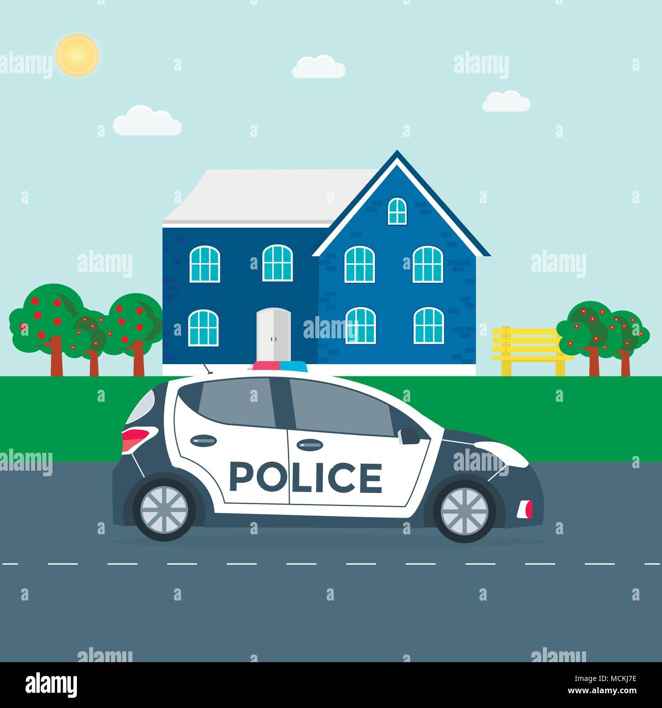 Patrouille de police sur une route avec une voiture de police, maison ...