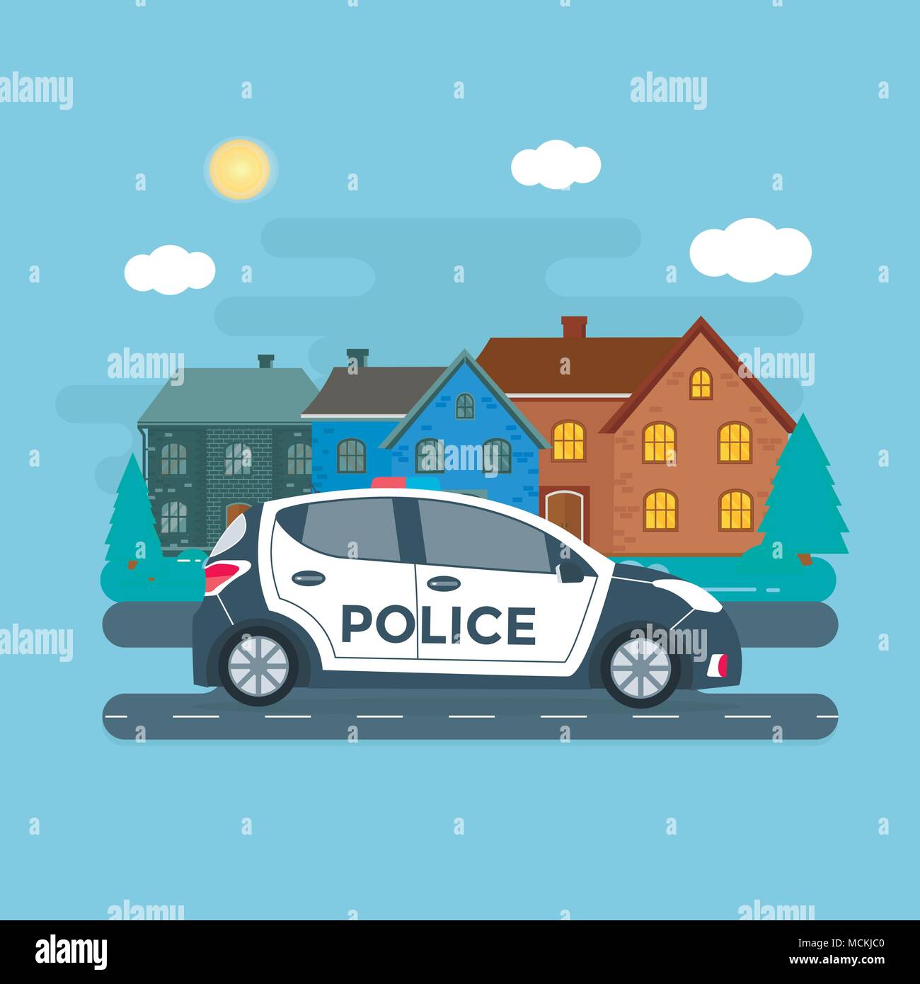 Patrouille de police sur une route avec une voiture de police, maison ...