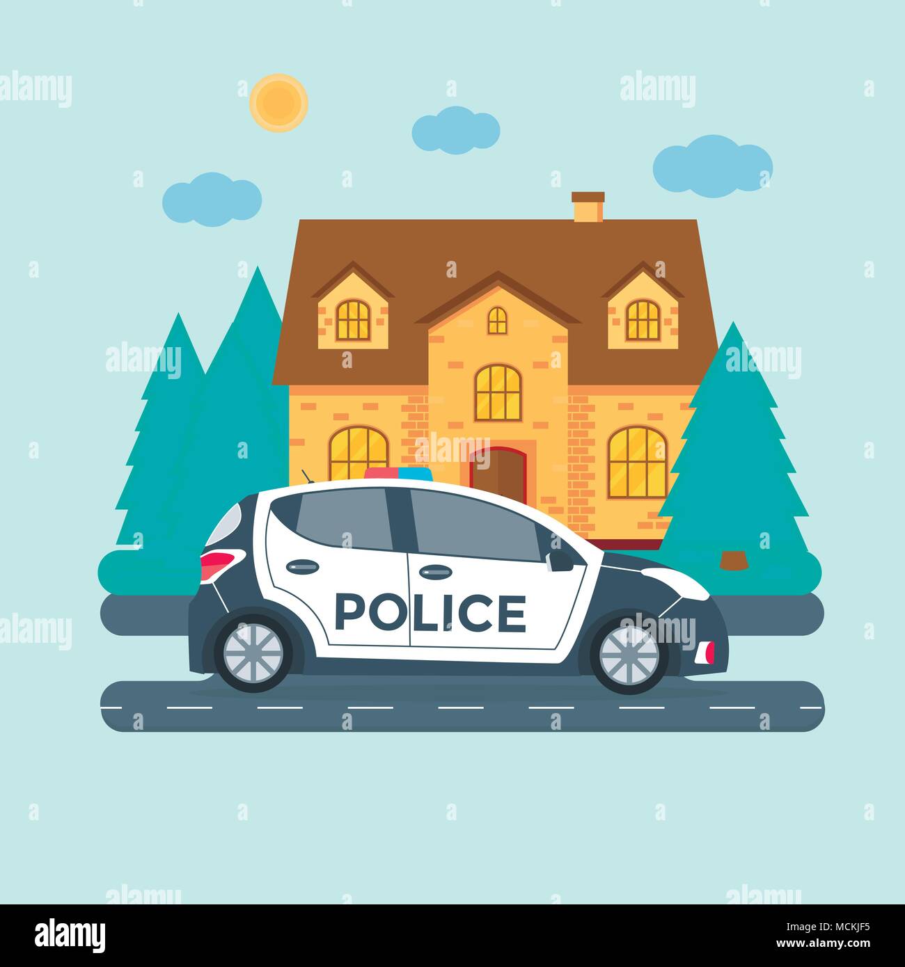 Patrouille de police sur une route avec une voiture de police, maison ...