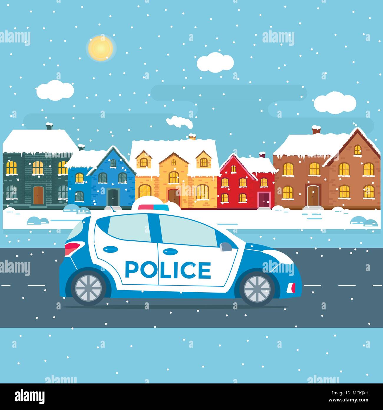Patrouille de police sur une route avec une voiture de police, maison ...