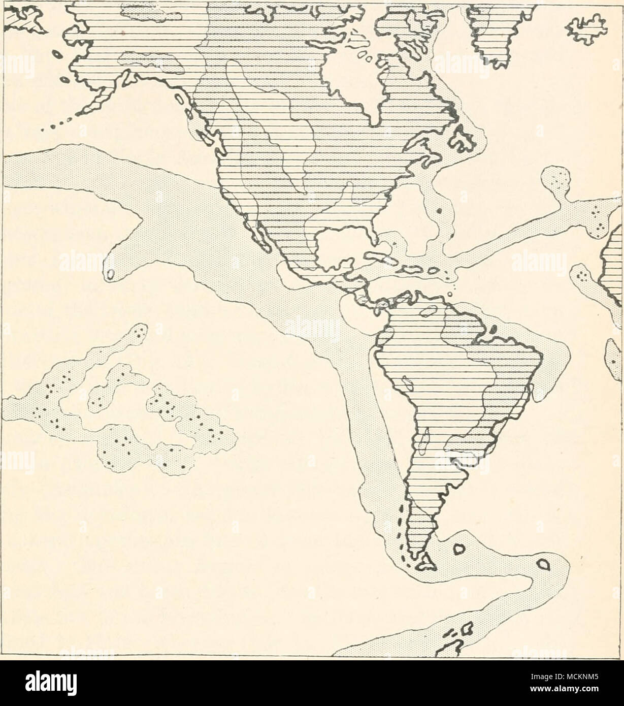 . FlG. 14.-Carte de l'Amérique du Nord et du Sud, indiquant les conditions supposées environ de terre et d'eau sur le début de l'ère tertiaire. L'ancienne terre slisrhtlv est teintée. Banque D'Images