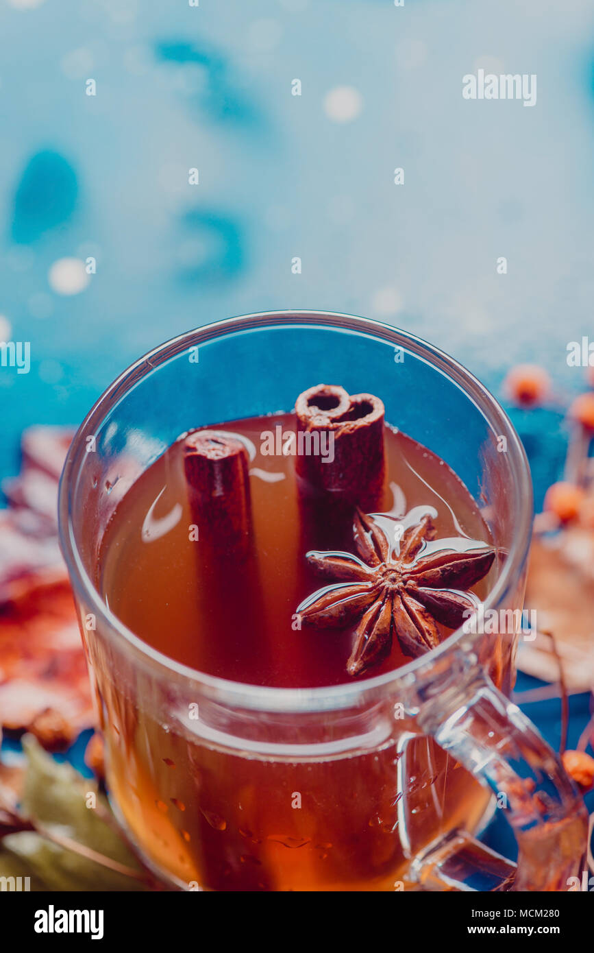 Tasse de thé à l'anis étoile et la cannelle close-up. Hors focus automne fond avec des feuilles et des baies. Rainy day concept avec copie espace. Banque D'Images
