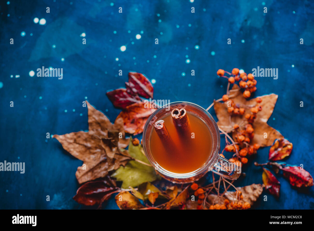 Tasse de thé à l'anis étoile et cannelle sur un fond d'automne humide avec des feuilles et des baies. Rainy day concept avec copie espace. Banque D'Images