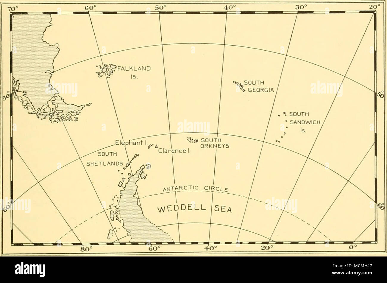 . Fig. 10. Les îles Falkland et leurs dépendances. beaucoup moins. L'Île du couronnement, la plus grande du groupe, même à son sens le point étant à peine à 13 kilomètres de diamètre. À l'exception de Signy toutes les grandes îles sont abondamment couvertes de glace, et dans ce cas comme dans d'autres égards, le groupe pourrait peut-être envisager d'être plus vraiment en Antarctique de caractère que les Shetland du Sud qui se trouvent beaucoup plus loin au sud. Situé à proximité de la mer de Weddell, le Sud Orcades participent chaque année dans le grand gel de l'hiver de l'océan Antarctique et en conséquence ne sont accessibles Banque D'Images